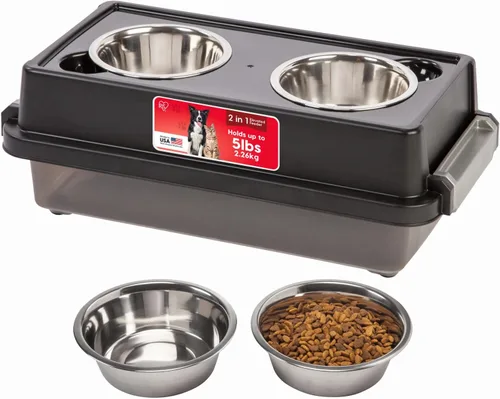 IRIS USA Cuencos elevados para perros 2 en 1 de 6" de alto con contenedor hermético para almacenar alimentos para mascotas, con capacidad de hasta 5