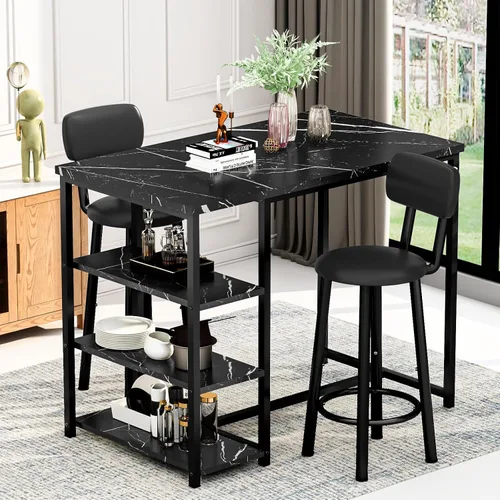Miniatura 9 de Juego de mesa de comedor de cocina para 2, mesa de bar y sillas con 3 estantes de almacenamiento, comedor alto con 2 taburetes de respaldo de piel
