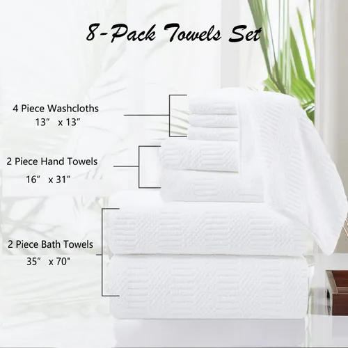 Miniatura 3 de Juego de 8 toallas de baño extragrandes blancas - 2 toallas de baño extra grandes, 2 toallas de mano, 4 paños - 600GSM suaves, altamente Blanco