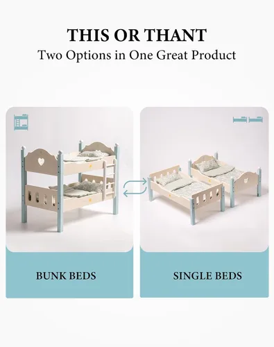 Miniatura 4 de ROBUD Cuna para Muñeca Bebé, Camas de Madera para Muñecas de 20 Pulgadas, Literas Azules para Muñeca Bebé con Tul, Cama para Muñeca American Girl