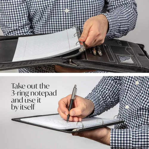 Miniatura 5 de Cartera profesional de cuero Carpeta con cremallera para entrevistas de negocios Organizador de 3 anillos para tabletas de hasta 13 pulgadas