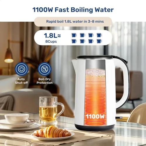 Miniatura 2 de YSSOA Hervidor eléctrico, doble pared de 1.8 L, interior de acero inoxidable 304, sin BPA, 1100 W de ebullición rápida, apagado automático