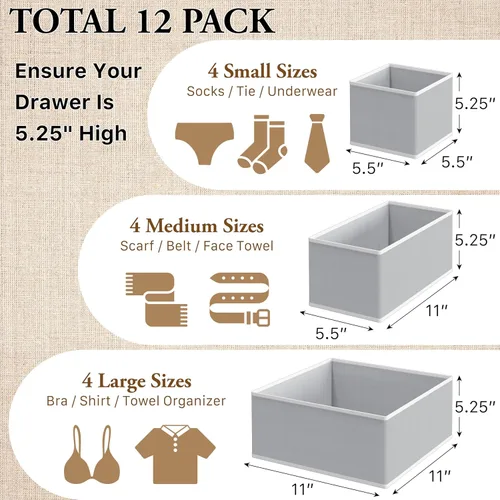 Miniatura 2 de SIMPLE HOUSEWARE Organizador de cajones plegable para ropa/ropa interior/bragas/body de bebé, contenedor para medias, juego de 12, gris