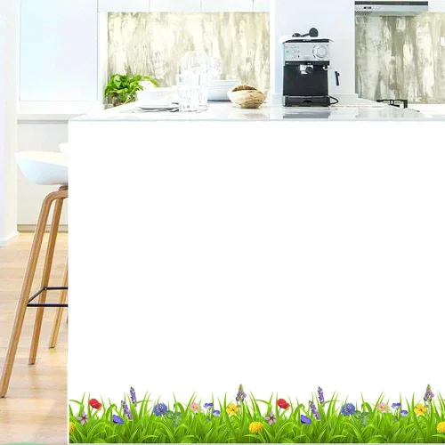 Calcomanías de pared con borde de flores coloridas de hierba verde primaveral, despegar y pegar, para aniversario, día de la madre, cocina, sala de