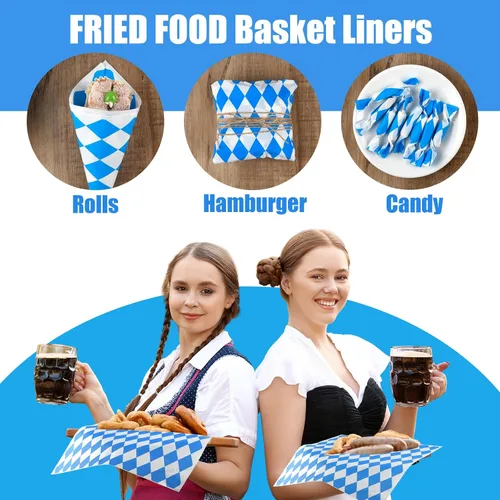 Miniatura 4 de PLULON 100 Hojas de revestimiento para canasta de alimentos Oktoberfest 30,4 in × 30,4 in papel de cera azul y blanco a cuadros, hojas de papel deli