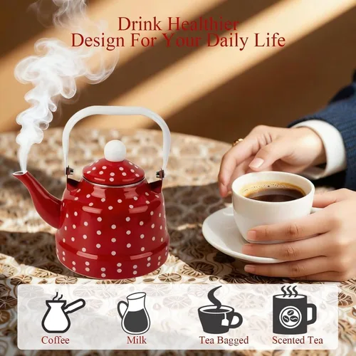 Miniatura 7 de Estufa de té esmaltada vintage de 1.8 cuartos de galón, tetera esmaltada con manchas rojas y blancas, esmalte en acero y café con asa, hervidor