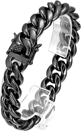 ROWIN&CO Pulsera de cadena cubana Miami de acero inoxidable, negrooro de 18 quilatesarco iris, sin níquel, pulsera gruesa para hombresmujeres,