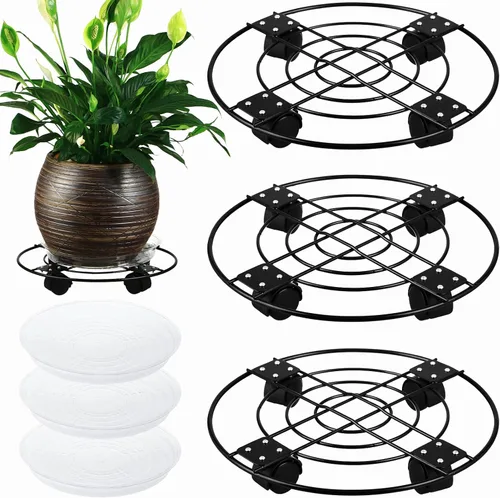Miniatura 9 de Paquete de 3 cajas grandes de metal para plantas de 13 pulgadas con ruedas, soporte rodante de hierro forjado resistente con ruedas para macetas