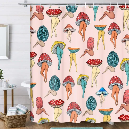 Divertida cortina de ducha con trasero de hongo, linda y sexy de los años 70 y 80, cortinas de ducha de tela para baño, hippie, psicodélica, Rosa-2