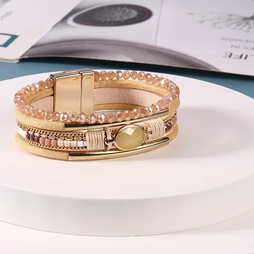 Miniatura 3 de FANCY SHINY- Pulseras de cuero de la envoltura de cuentas de cristal de la pulsera Boho Cuff piedra, dije, pulseras con cierre magnético de joyería
