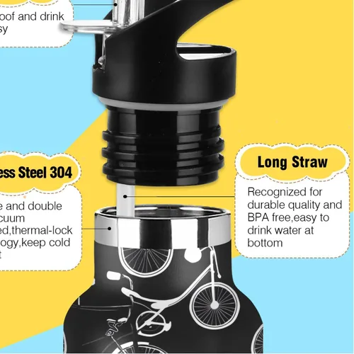 Miniatura 3 de Kids Water Bottle with Straw for School Leakproof Sports Water Bottle for Boys Girls 20oz, BPA-Free, Bicycles Black White