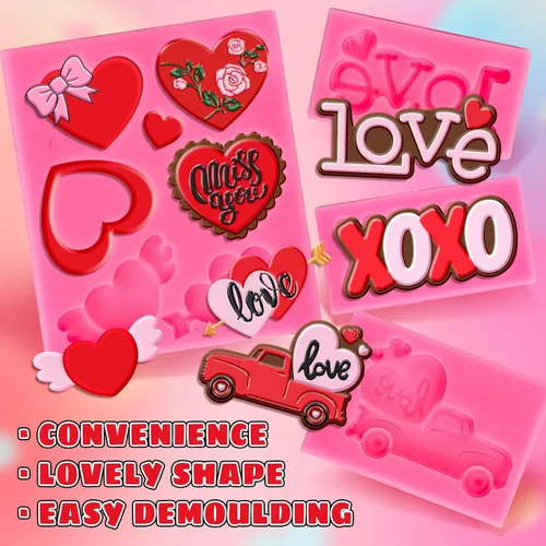 Miniatura 3 de Whaline 4 moldes de fondant para el día de San Valentín, patrón de camión de rosas con forma de corazón, rosa, molde de silicona 3D, molde de resina
