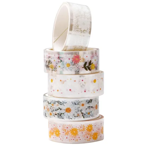 YUBBAEX 5 rollos de juego de cinta adhesiva Washi con patrón floral PET Flores decorativas transparentes para manualidades, bricolaje, diarios,