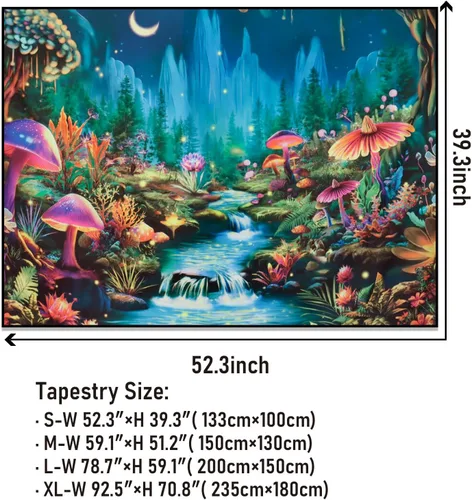Miniatura 5 de Heopapin Tapiz de luz negra con hongos reactivos a los rayos UV, tapices de fantasía, luz de luna, montaña, bosque, paisaje, misteriosa, selva