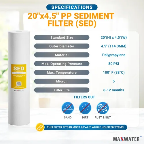 Miniatura 5 de Max Water Carcasa universal para filtro de agua para toda la casa, cartucho de carbono de sedimentos de 20 x 4.5 pulgadas, sistema de prefiltración