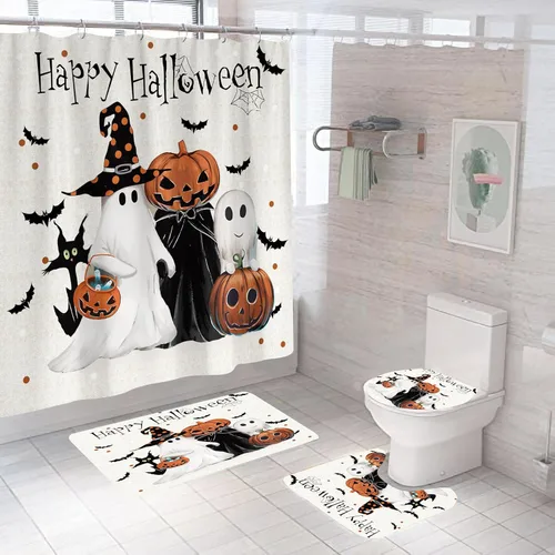 Juego de 4 cortinas de ducha de Halloween, espeluznante cortina de ducha de calabaza fantasma para decoración de baño de Halloween con