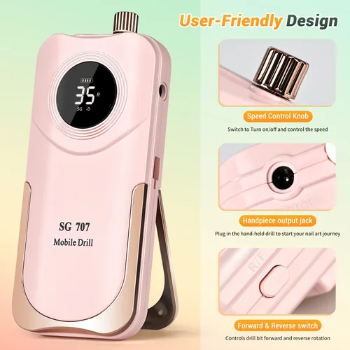 Miniatura 3 de JEWHITENY Taladro de uñas profesional recargable 35000 RPM, SG707 lima de uñas eléctrica con 6 brocas para uñas acrílicas, eliminación de pulido