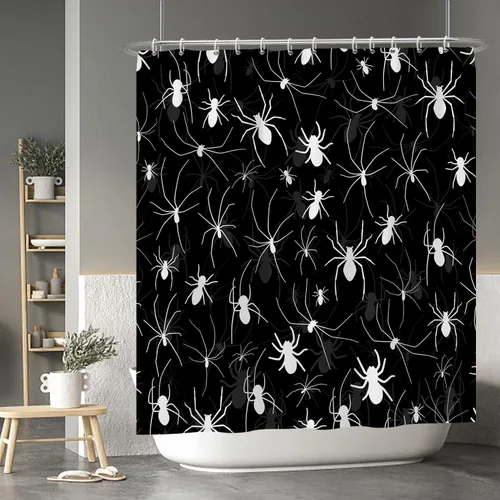Miniatura 145 de Cortina de ducha de fantasma y gato negro para niños, 36 x 72 pulgadas, espeluznante y bonita, cortina de baño de Halloween con 6 ganchos, cortina