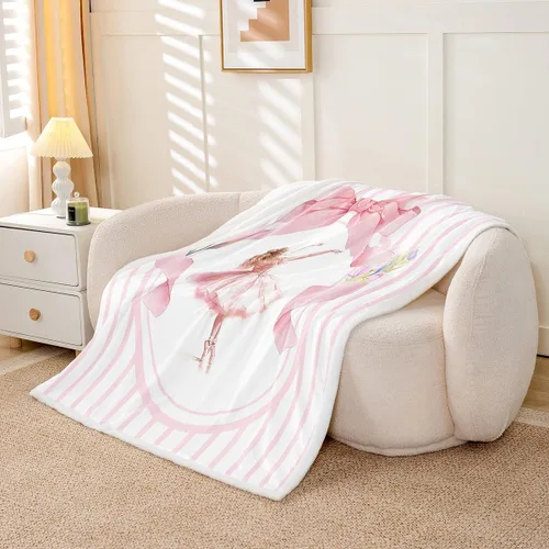Miniatura 3 de Manta de vellón de ballet para niña, manta de ensueño con lazo rosa de princesa bailarina para sofá de adultos, manta suave kawaii a rayas círculos