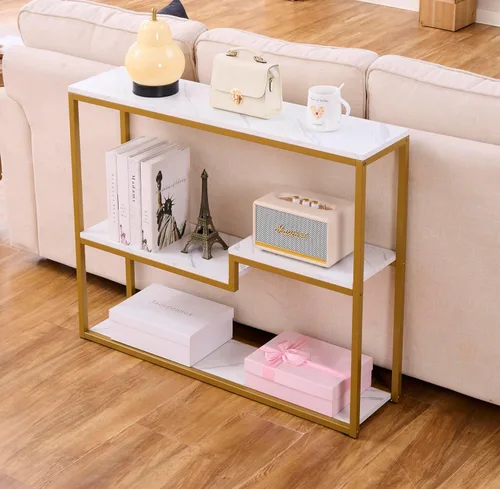 Miniatura 7 de loglus Mesa consola para entrada, Mesa de sofá de MDF de mármol sintético con marco dorado (doble capa, marco negro)