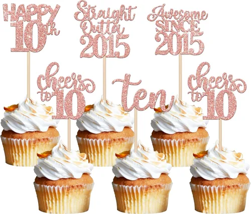 Miniatura 9 de Paquete de 30 adornos para cupcakes de 10º cumpleaños con purpurina recta hacia fuera de 2016, Happy 10th Ten Awesome Since 2016, 10 fabulosas