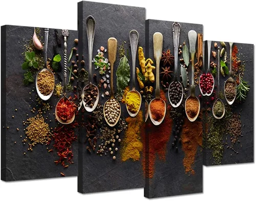iHAPPYWALL Imágenes de cocina, decoración de pared, 4 piezas, especias en cuchara, vintage, lienzo, arte de pared, fotos de alimentos, pintura sobre