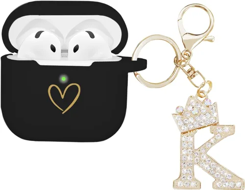 Miniatura 28 de Compatible con AirPods 4 Cover 2024, funda de silicona suave con patrón de corazón dorado para 4ª generación, llavero de letra A-Z con diamantes