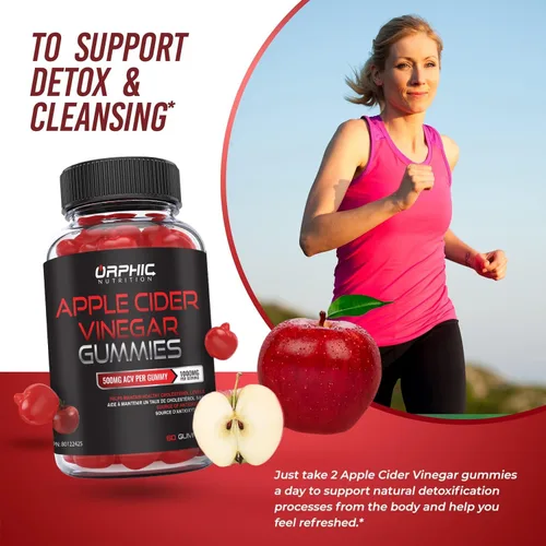 Miniatura 5 de ORPHIC NUTRITION Gomitas de vinagre de sidra de manzana de 1000 mg - ACV sin filtrar con vitamina B12, remolacha y granada (60 piezas)