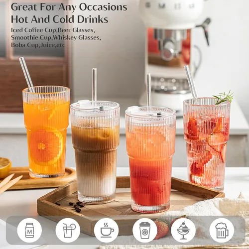 Miniatura 7 de INSETLAN Vasos de vidrio acanalado de 20 onzas con tapas y popotes de vidrio, juego de 4 piezas de cristalería, pared gruesa, ideal para café