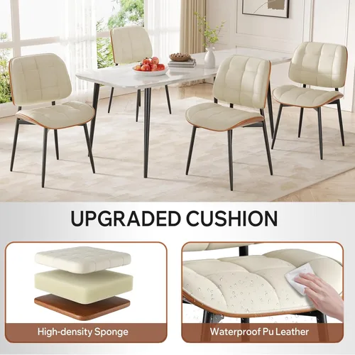 Miniatura 9 de Silla de comedor, moderna de mediados de siglo con cojín grueso, sillas de cocina tapizadas de piel sintética con respaldo de madera curvada de Beige