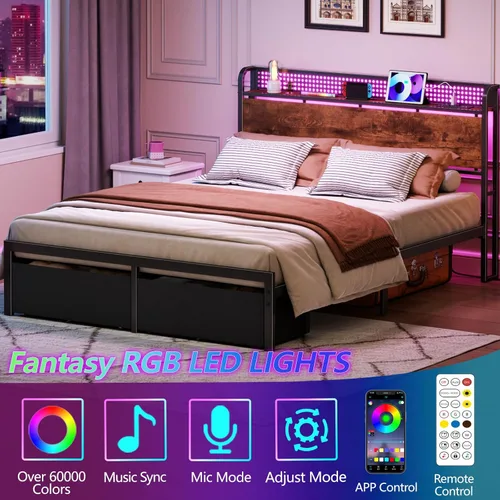 Miniatura 3 de Furnulem Base de cama tamaño Queen con almacenamiento de cabecero, base de cama de plataforma tamaño Queen con 2 cajones, estación de carga y luces