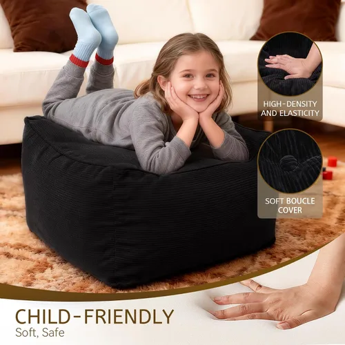 Miniatura 3 de Puf cuadrado de pana otomano, taburete suave y esponjoso con relleno de trozos de espuma, puf de piso y otomana de almacenamiento para sala de Negro