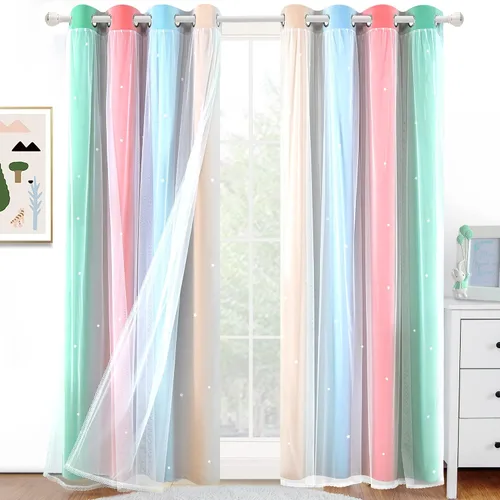 Miniatura 10 de Cortinas Opacas con Corte de Estrella Arcoíris para Dormitorio de Niñas - Doble Capa con Ojales Superiores para Sala de Estar, 2 Paneles