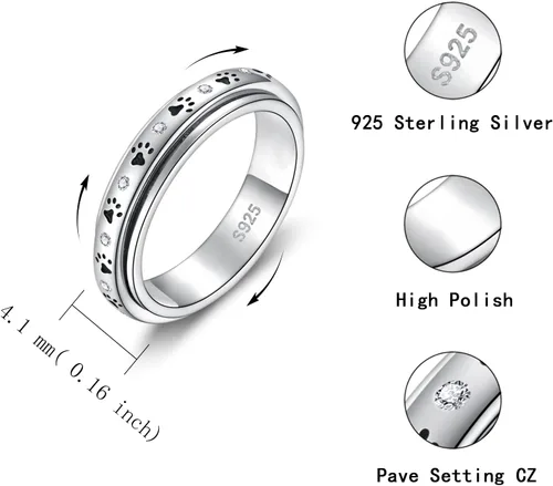 Miniatura 26 de 925 Sterling Silver Spinner Fidget Ring for Women: Musical Note Viking Rune Heartbeat Anxiety Stress Relieving Rotatable Ring Faith Hope Love