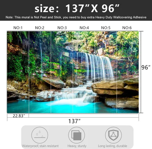 Miniatura 4 de Papel tapiz de tela con paisaje de cascada de lago verde, sala de estar, bosque, montaña, dormitorio, baño, mural de pared grande - 137 x 96 Cascada