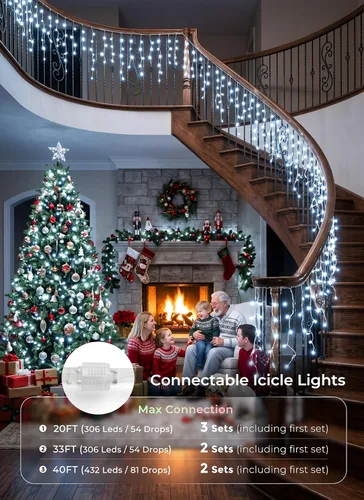 Miniatura 4 de Luces de Navidad de carámbano para exteriores, 40 pies, 432 LED, impermeables, para exteriores, 8 modos de iluminación, con control remoto