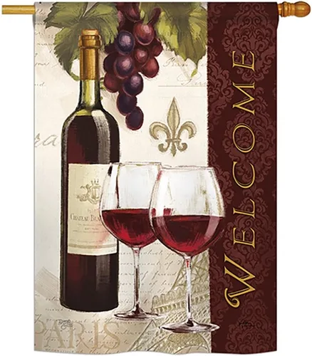 Breeze Decor H117053 Welcome Happy Hour & Drinks Wine - Bandera decorativa vertical para casa, 28 x 40 pulgadas, multicolor