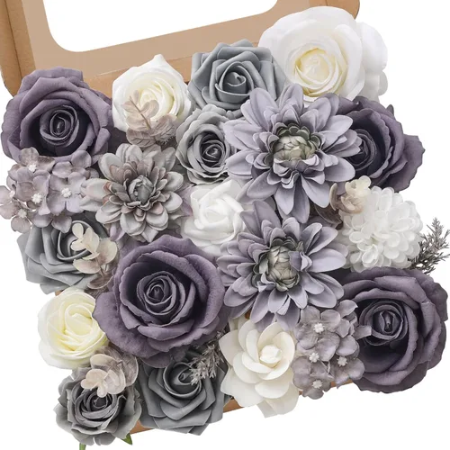 Miniatura 15 de Serwalin Flores de seda, flores artificiales burdeos para decoración de boda, rosas falsas rosas rosas y rojas con tallos y caja de vegetación, A
