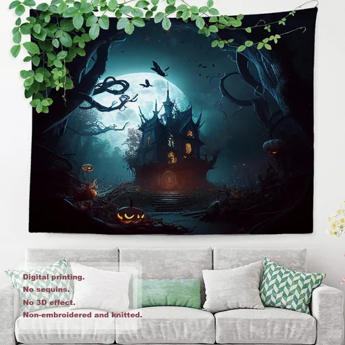 Miniatura 3 de Shrahala Tapiz de pared divertido de Halloween, castillos, calabazas, murciélagos, bosques, niebla, para colgar en la pared, tapiz grande de fibra