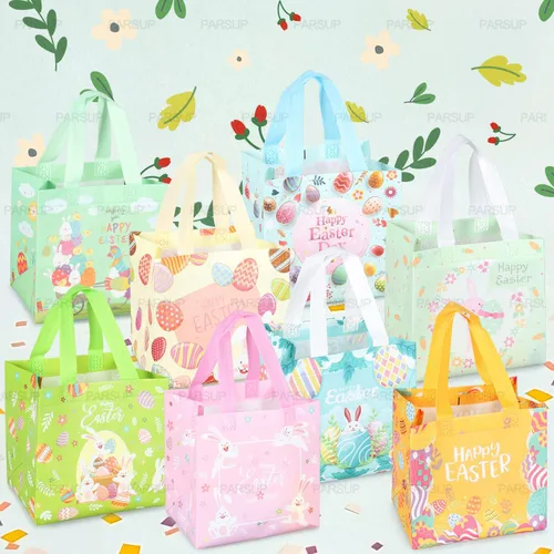 Miniatura 4 de PARSUP 8 bolsas de Pascua con diseño de conejo, zanahoria, huevos de gallina, bolsas no tejidas con asas para envolver regalos, caza de huevos