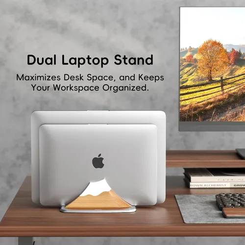 Miniatura 5 de AFOOYO Soporte vertical doble para laptop, soporte ajustable de madera en forma de pico de nieve, base de escritorio con 2 ranuras compatible