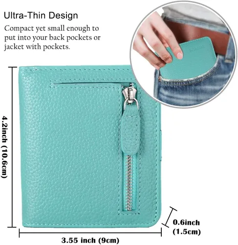Miniatura 6 de Funtor Cartera de cuero para mujer, pequeña y compacta, con bolsillo doble, bloqueo RFID, para mujer