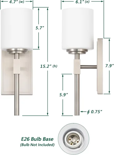Miniatura 4 de Aplique de pared de 1 luz, elegante iluminación de pared en níquel cepillado, 1 luz de transición para tocador de baño con pantalla de vidrio opal