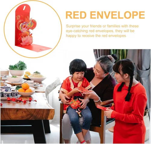 Miniatura 6 de Vaguelly Sobres rojos de año nuevo 3D 2024, 4 unidades, loto chino, carácter, año del dragón, Fengshui, Fortuna, sobre Hong Bao Lucky Money Red As