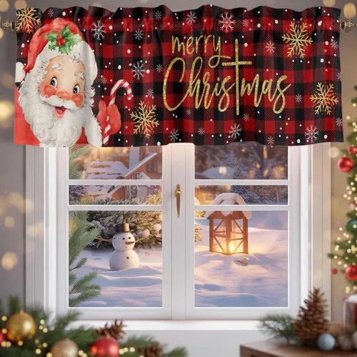 Miniatura 5 de Cenefa de Navidad para ventanas, cenefas de Papá Noel, cenefa con bolsillo para barra, tratamientos de ventana, cortinas cortas a cuadros rojos