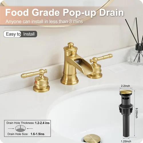 Miniatura 7 de Grifo de Baño Dorado Cascada, Grifos de Baño de Latón de 4-16 Pulgadas 3 Agujeros, Extendido 2 Manijas con Manguera de Agua Preinstalada y Desagüe