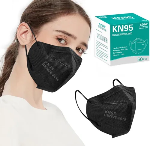 50 unidades, Máscaras faciales KN95, color negro, 5 capas, cubrebocas de seguridad para el polvo, eficiencia de filtro ≥95%, con bucles elásticos