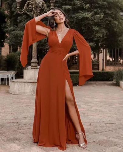 Miniatura 3 de Women's Long Sleeve Bridesmaid Dresses V-Neck Chiffon Ruched Formal Dress Evening Gown with Slit