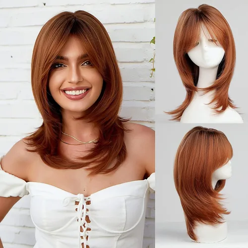 HAIRCUBE Pelucas Auburn para Mujeres, Pelucas Largas en Capas Naranjas con Flequillo, Pelucas de Fibra Sintética Resistentes al Calor (pelucas de