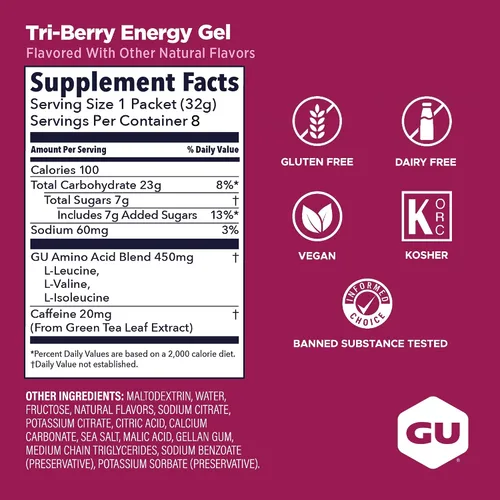 Miniatura 3 de GU Energy Nutrición Deportiva Original, Gel Energizante, 8 unidades, Tri-Berry